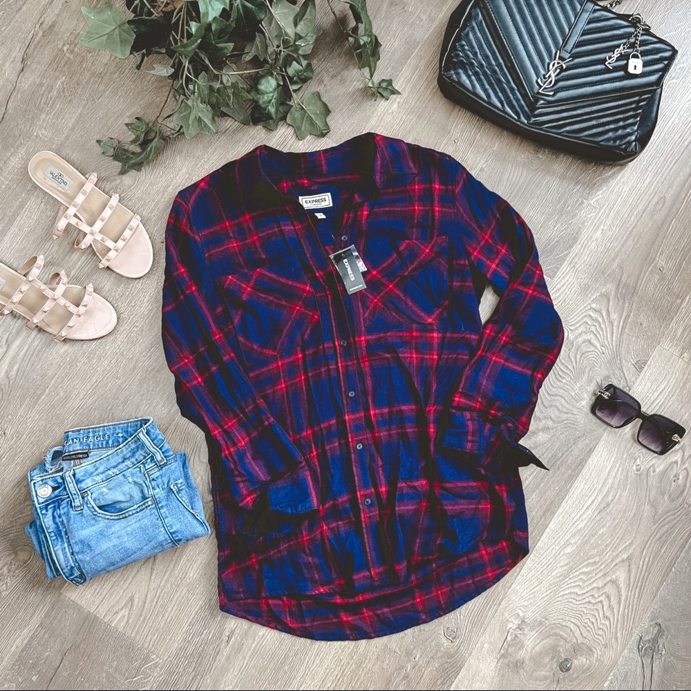 Express Plaid Button Down Blouse